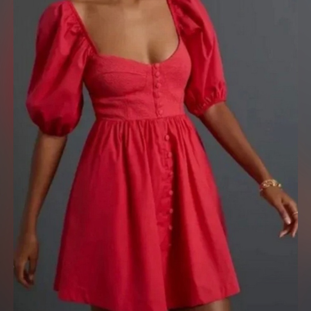NWT Maeve by Anthropologie Puff Sleeved Red Dress Petite Medium